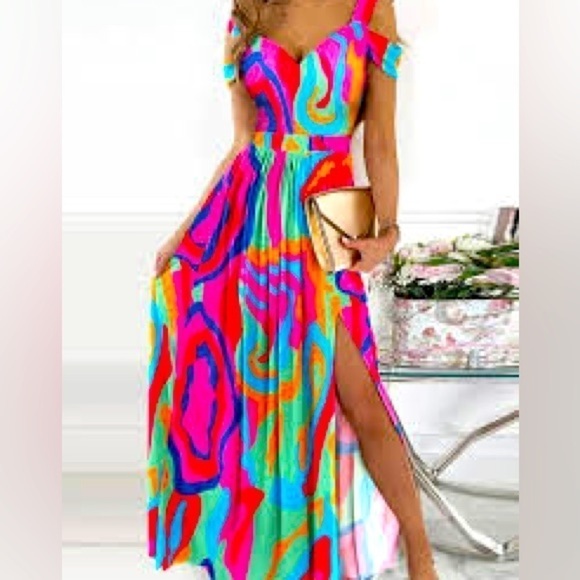 Cold shoulder Maxi dress bold bright colors with hi cut slit Sz Small - Picture 1 of 7